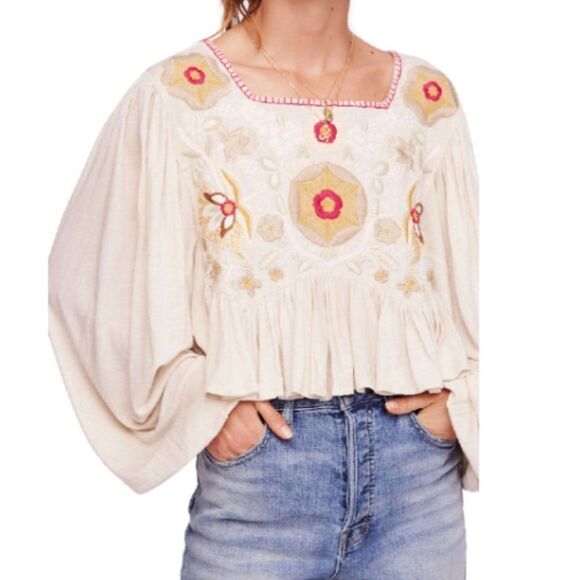 Free People Claudine Embroidered Top In Nude Womens Size Small OB840166 - Picture 1 of 14